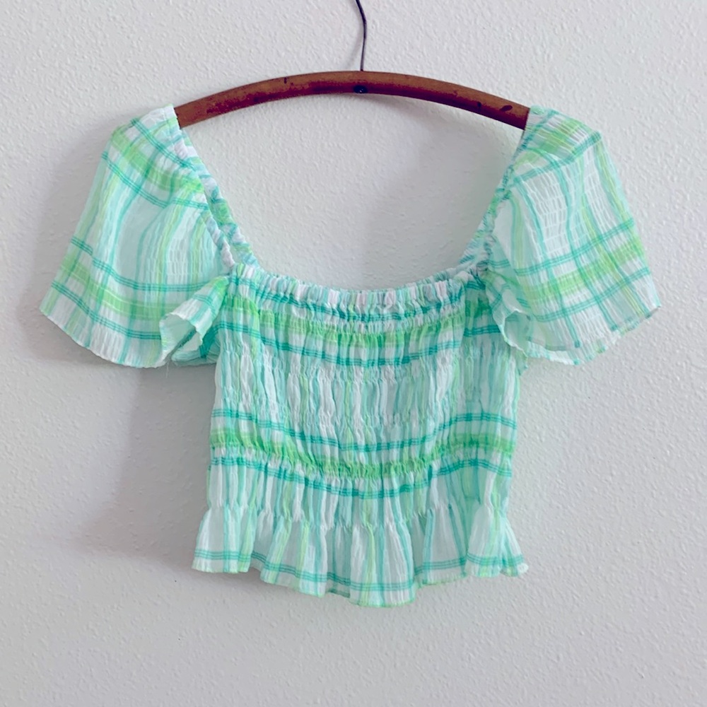 Zara green plaid ruched top size medium